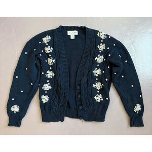 Margules Petites‎ Vintage Floral Cardigan Sweater Blue Embroidered M